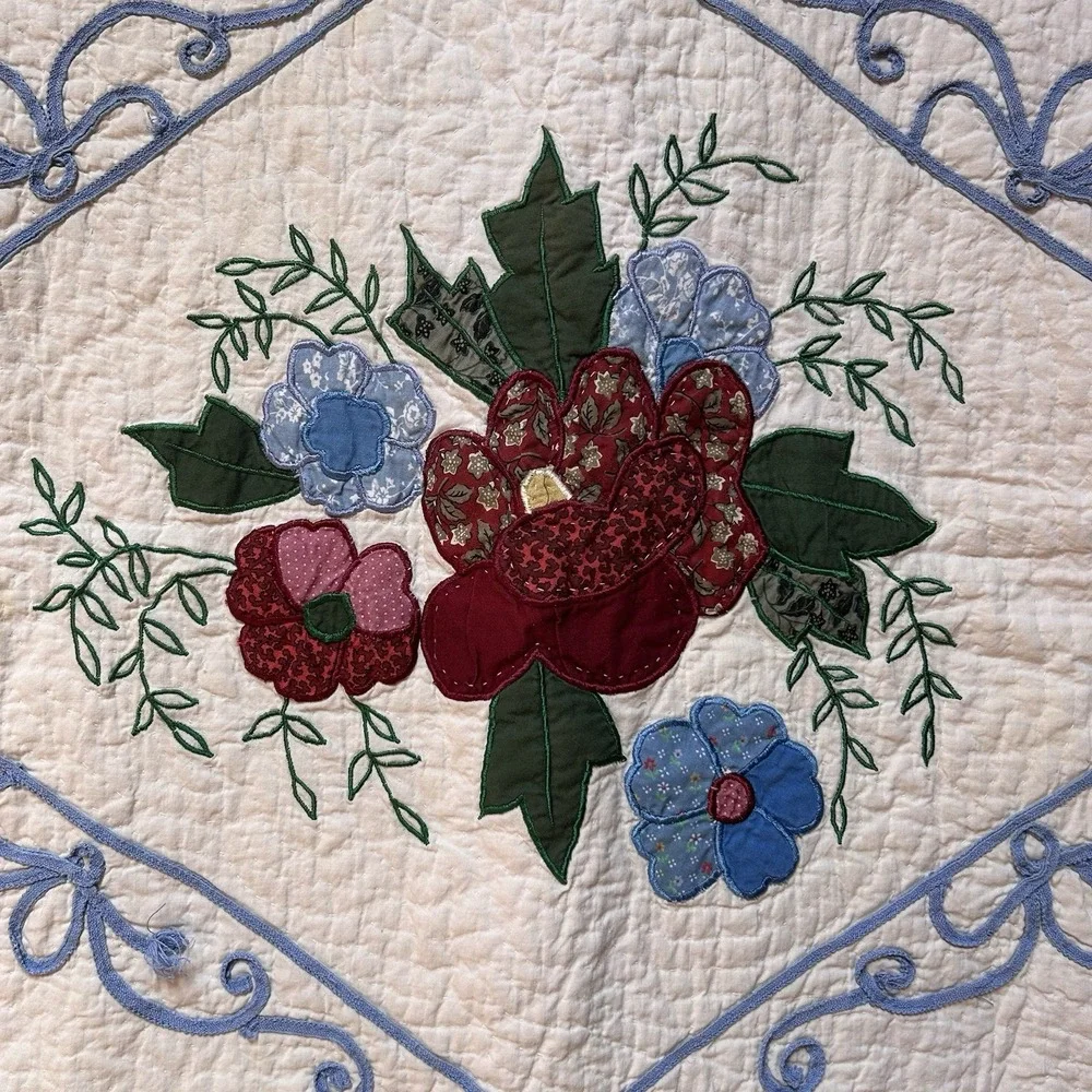 VTG Embroidered Quilted Floral Pillow Sham Case Oversized Patchwork Cottagecore